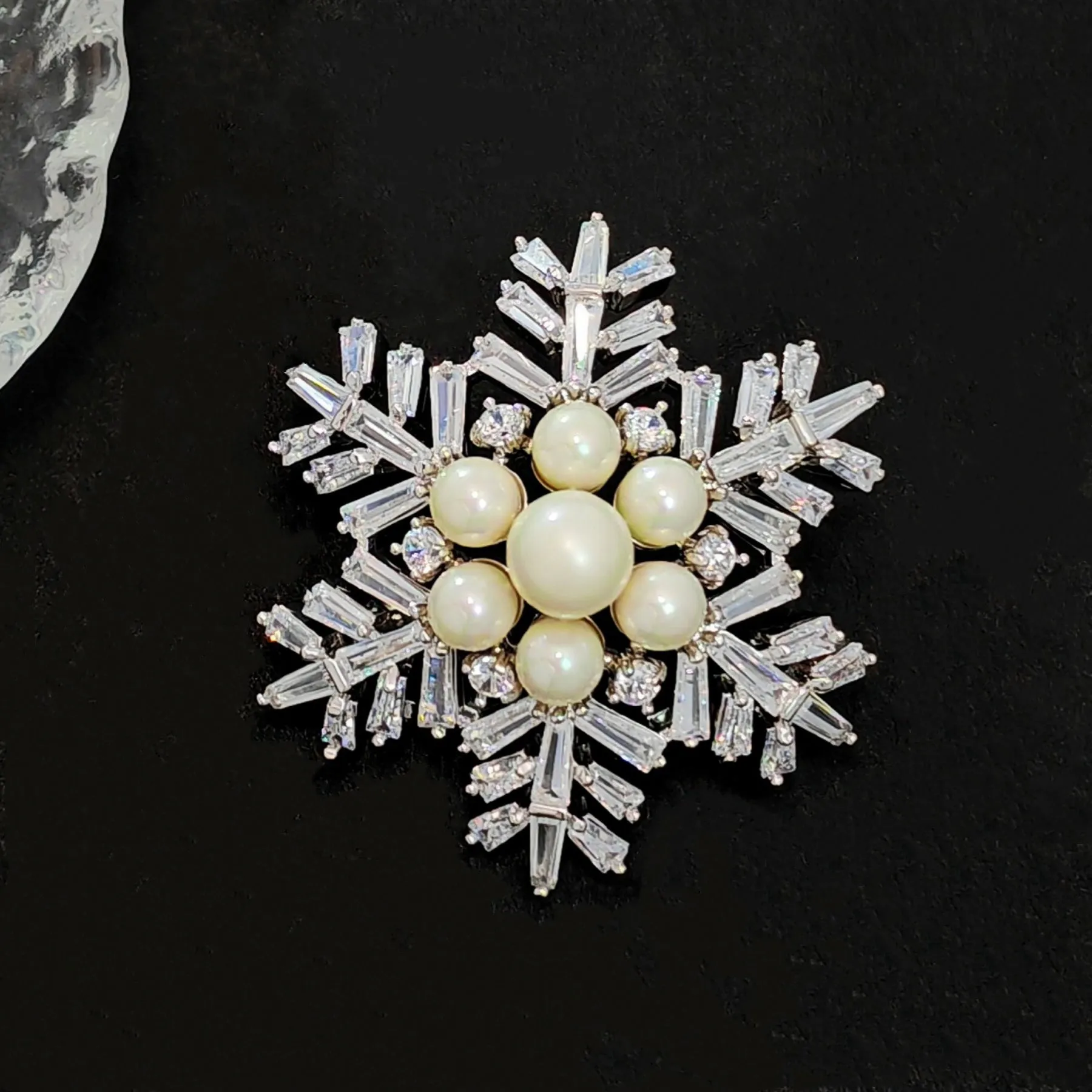 Jewelblings Winter Holiday Jewelry Buaguette Cut CZ Cluster Mother of Pearls Snowflake Brooch Snow Flower Pin or Women Coat Dressy Clothes