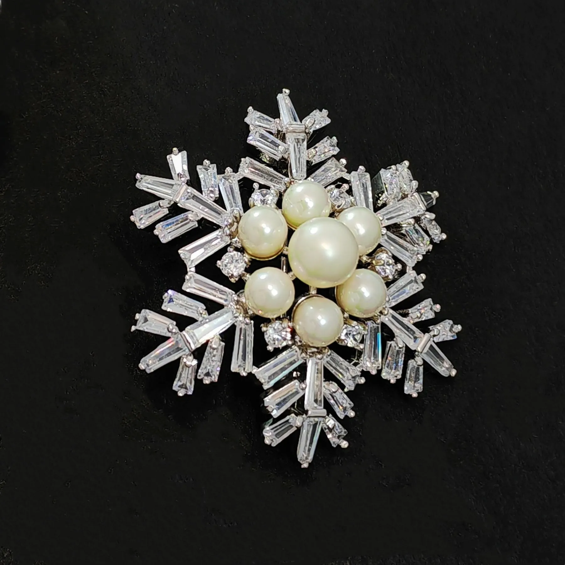 Jewelblings Winter Holiday Jewelry Buaguette Cut CZ Cluster Mother of Pearls Snowflake Brooch Snow Flower Pin or Women Coat Dressy Clothes