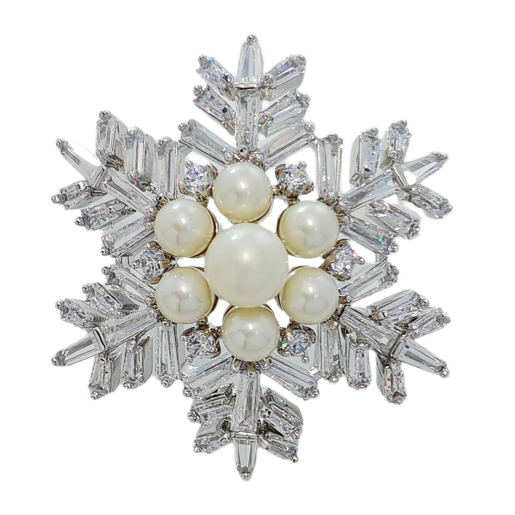 Jewelblings Winter Holiday Jewelry Buaguette Cut CZ Cluster Mother of Pearls Snowflake Brooch Snow Flower Pin or Women Coat Dressy Clothes