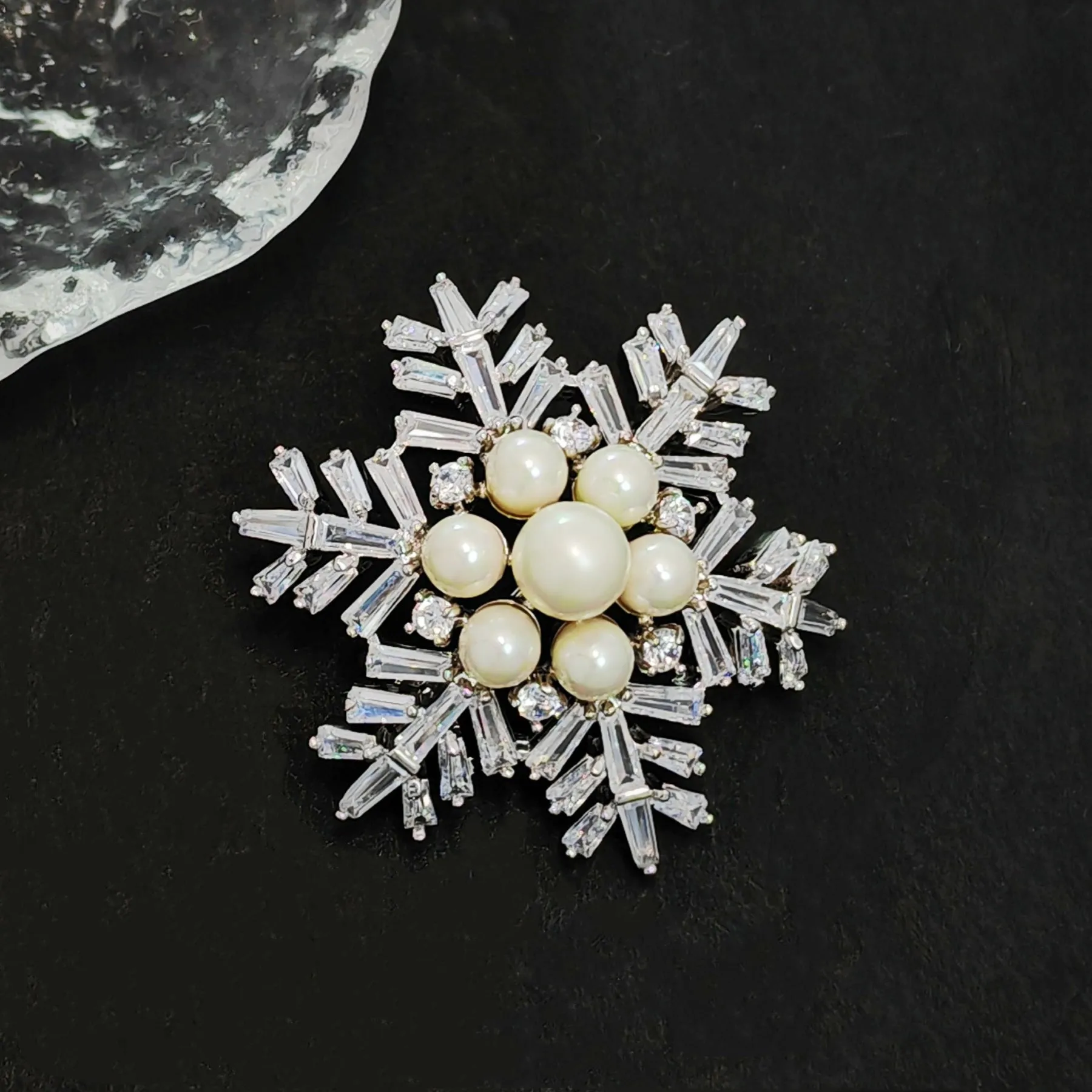 Jewelblings Winter Holiday Jewelry Buaguette Cut CZ Cluster Mother of Pearls Snowflake Brooch Snow Flower Pin or Women Coat Dressy Clothes