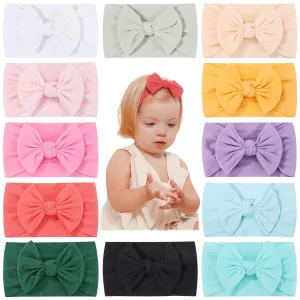 jollybows 12pcs Baby Nylon Headbands With Bow Elastic Hairband For Girls Newborn Infant Toddlers Kids Hair Accessories- Soft Light Color Set