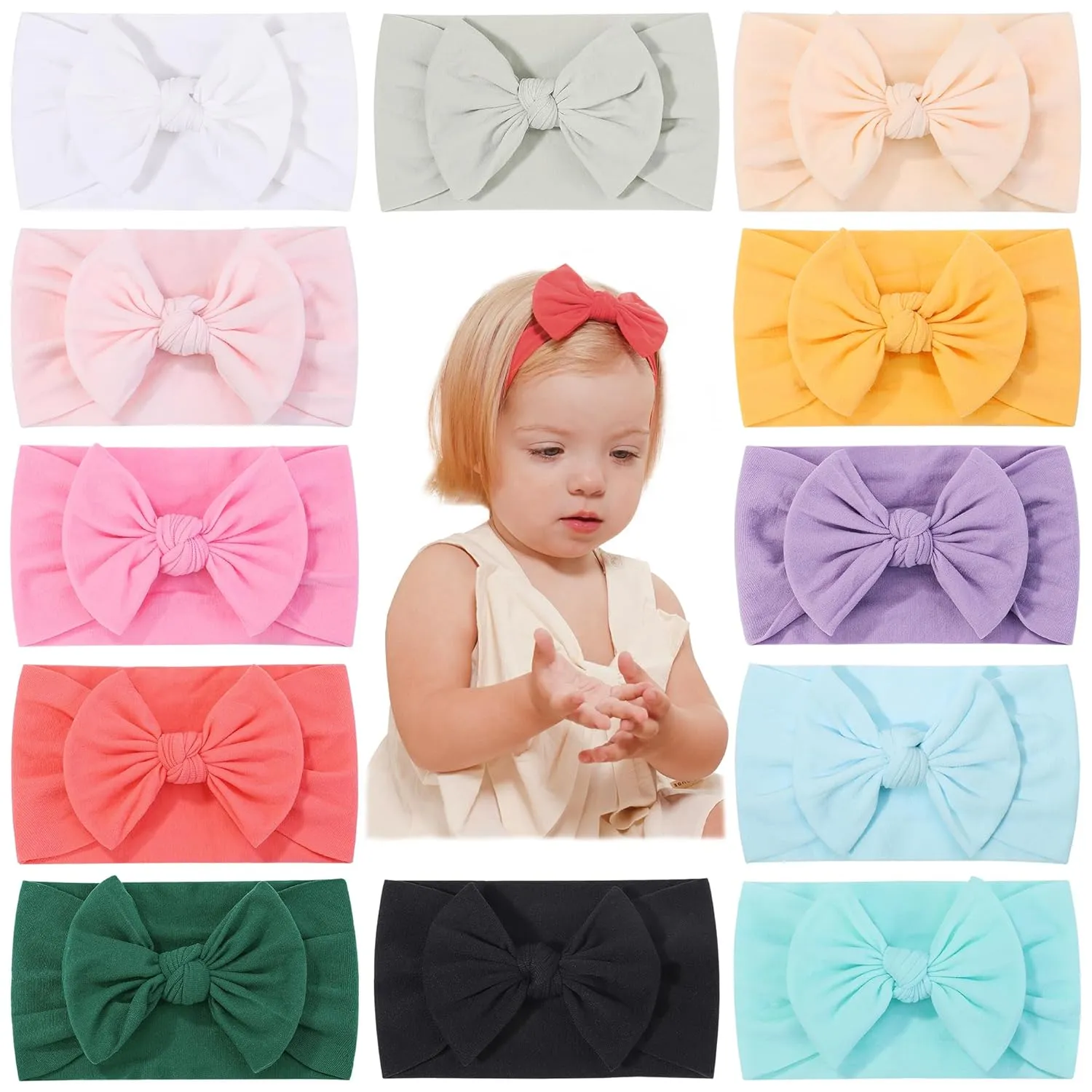 jollybows 12pcs Baby Nylon Headbands With Bow Elastic Hairband For Girls Newborn Infant Toddlers Kids Hair Accessories- Soft Light Color Set