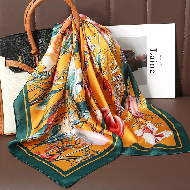 Luxury Print Satin Silk Square Scarf for Women Wrap Bandana