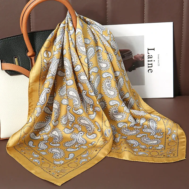 Luxury Print Satin Silk Square Scarf for Women Wrap Bandana