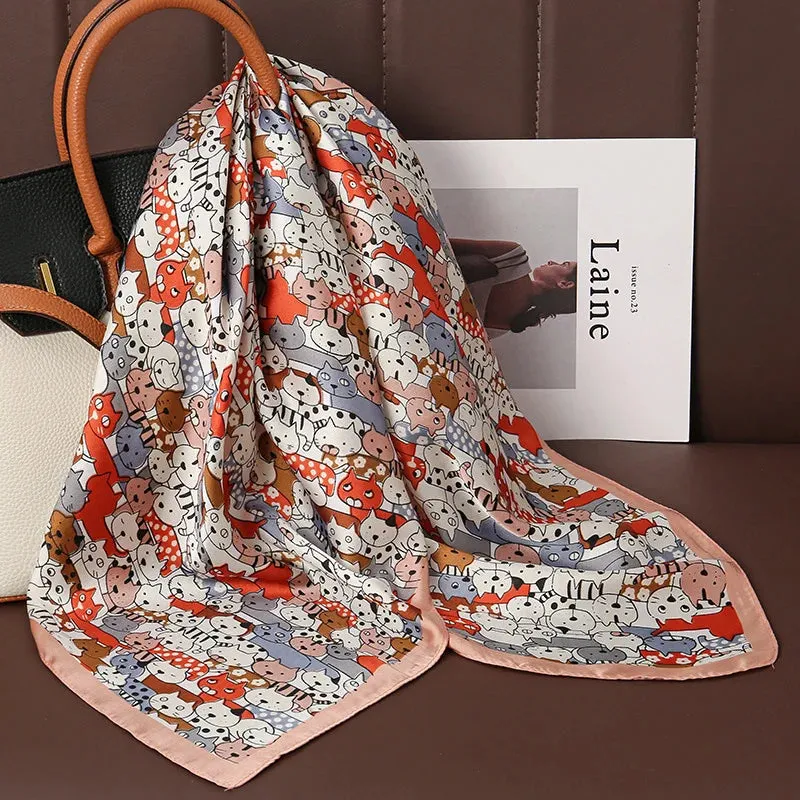 Luxury Print Satin Silk Square Scarf for Women Wrap Bandana