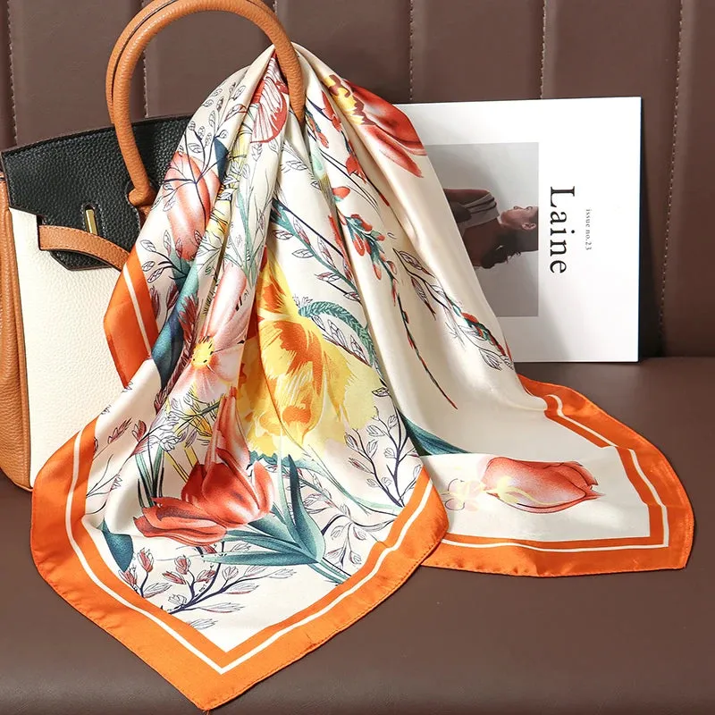 Luxury Print Satin Silk Square Scarf for Women Wrap Bandana
