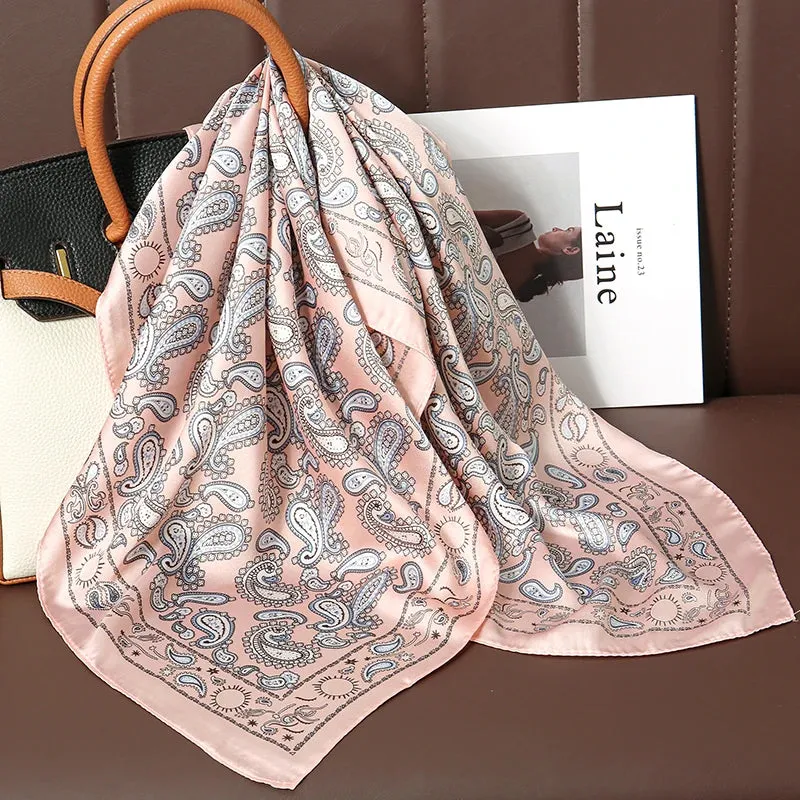 Luxury Print Satin Silk Square Scarf for Women Wrap Bandana