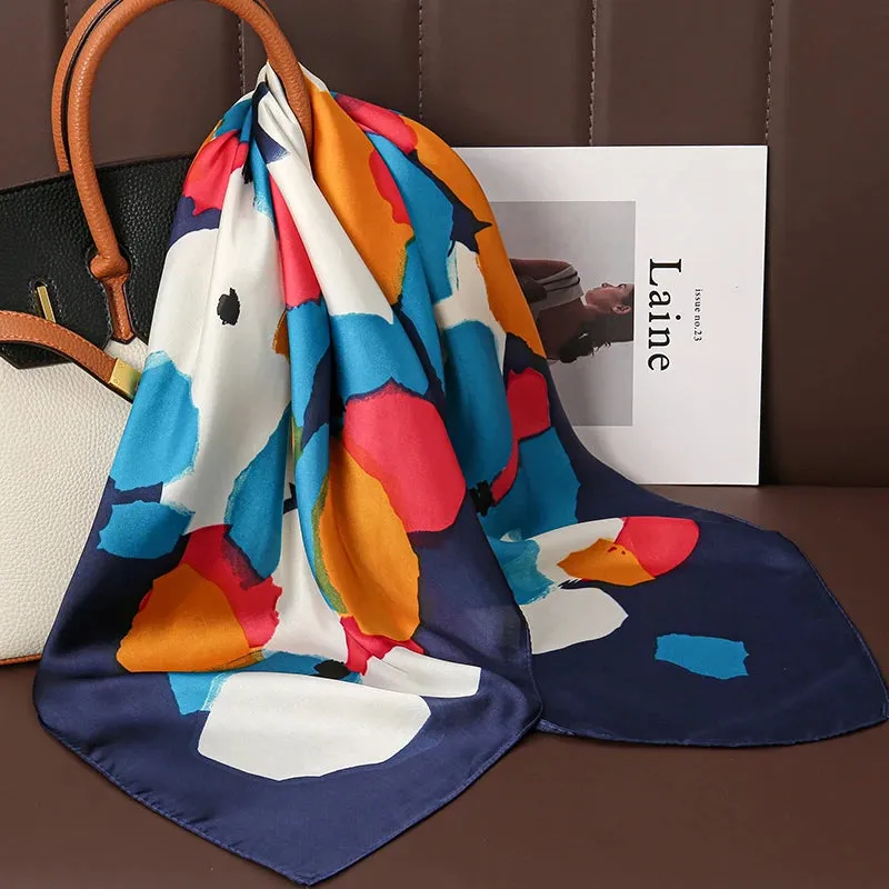 Luxury Print Satin Silk Square Scarf for Women Wrap Bandana