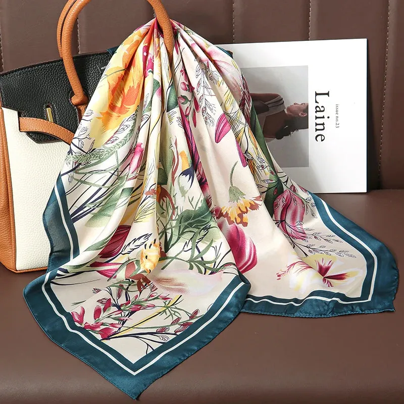 Luxury Print Satin Silk Square Scarf for Women Wrap Bandana