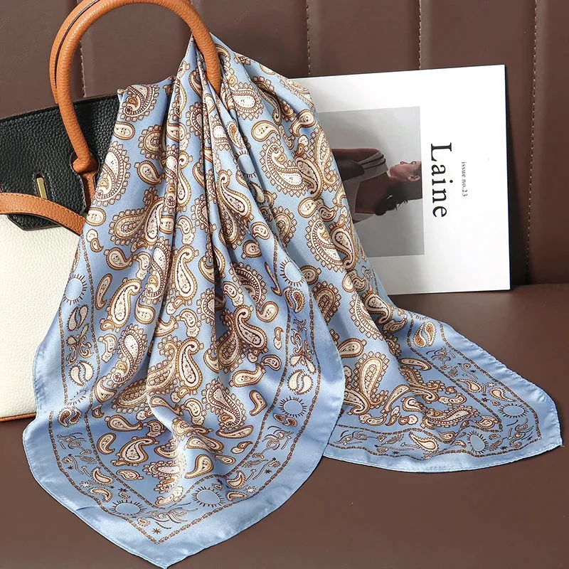 Luxury Print Satin Silk Square Scarf for Women Wrap Bandana