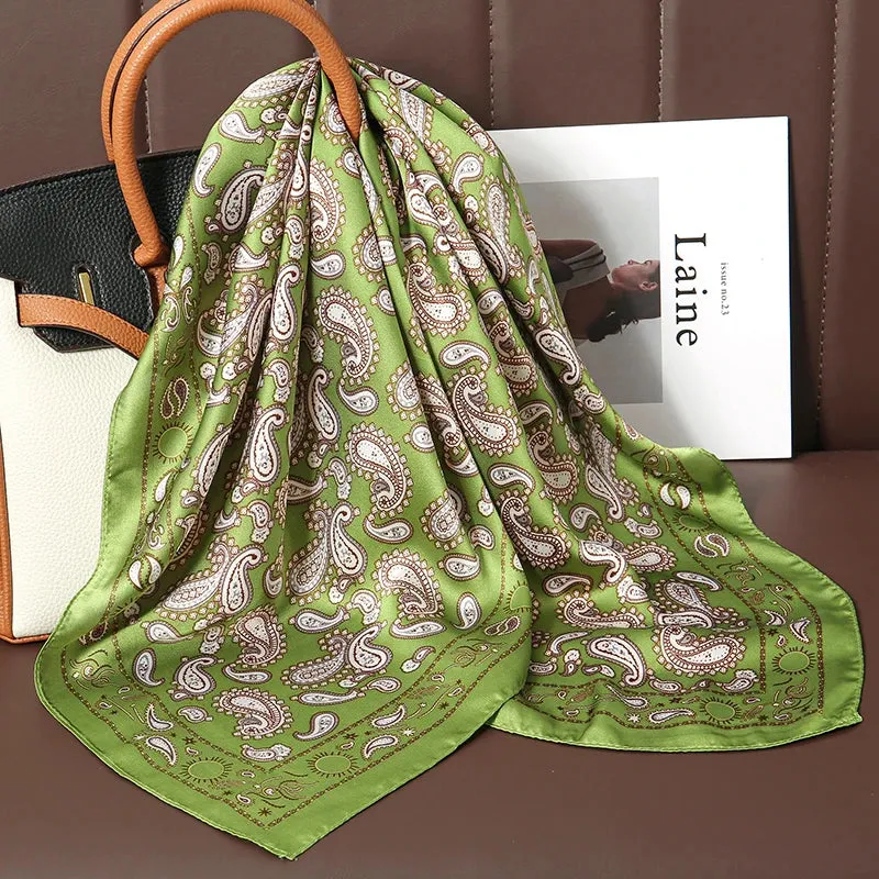 Luxury Print Satin Silk Square Scarf for Women Wrap Bandana