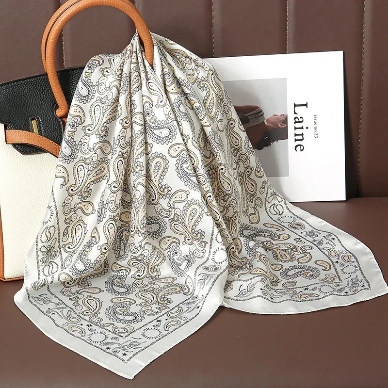 Luxury Print Satin Silk Square Scarf for Women Wrap Bandana