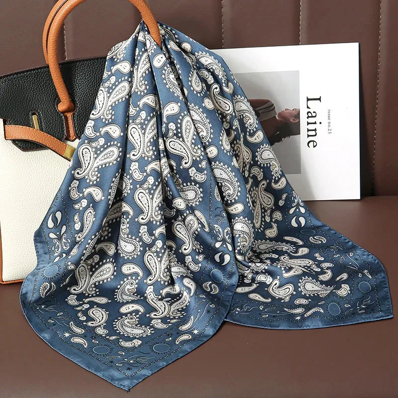 Luxury Print Satin Silk Square Scarf for Women Wrap Bandana