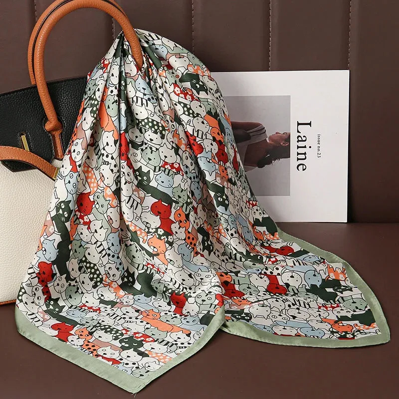 Luxury Print Satin Silk Square Scarf for Women Wrap Bandana