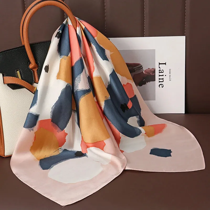 Luxury Print Satin Silk Square Scarf for Women Wrap Bandana