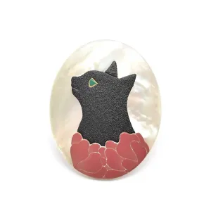Maki-e Urushi Lacquer Brooch - White South Sea Pearl Shell / Cat and Flower -, Traditional Japanese Urushi Lacquer Jewelry