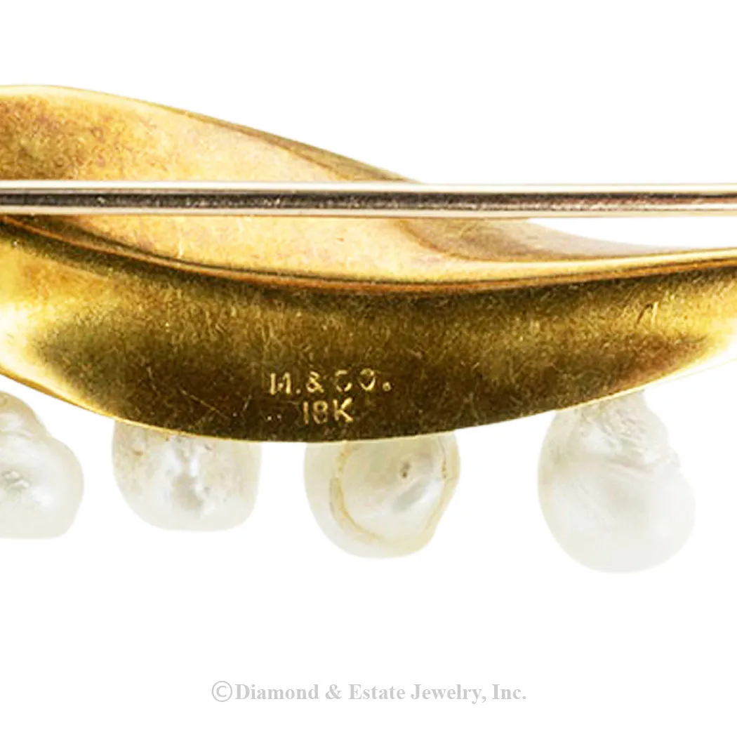 Marcus & Co Lily of The Valley Enamel Gold Pearl Brooch