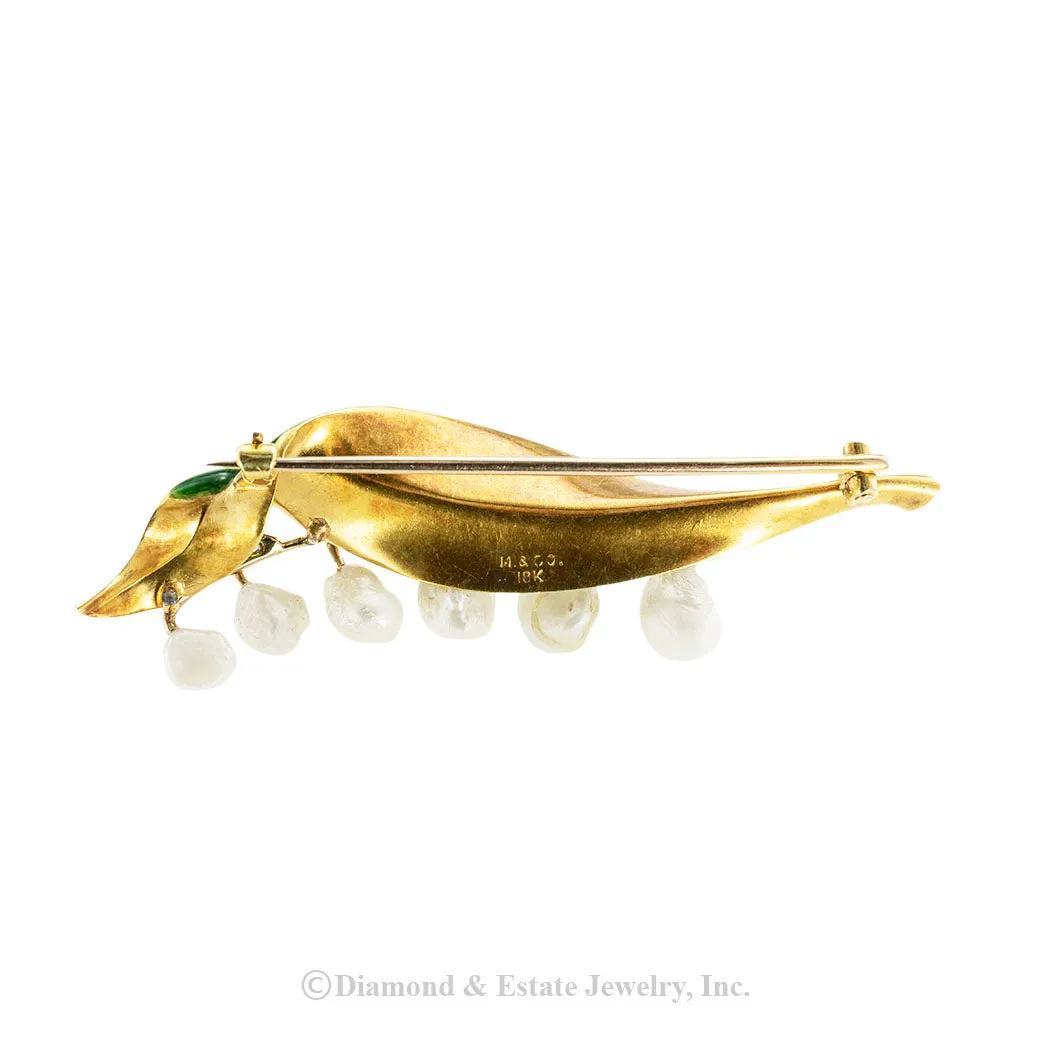 Marcus & Co Lily of The Valley Enamel Gold Pearl Brooch