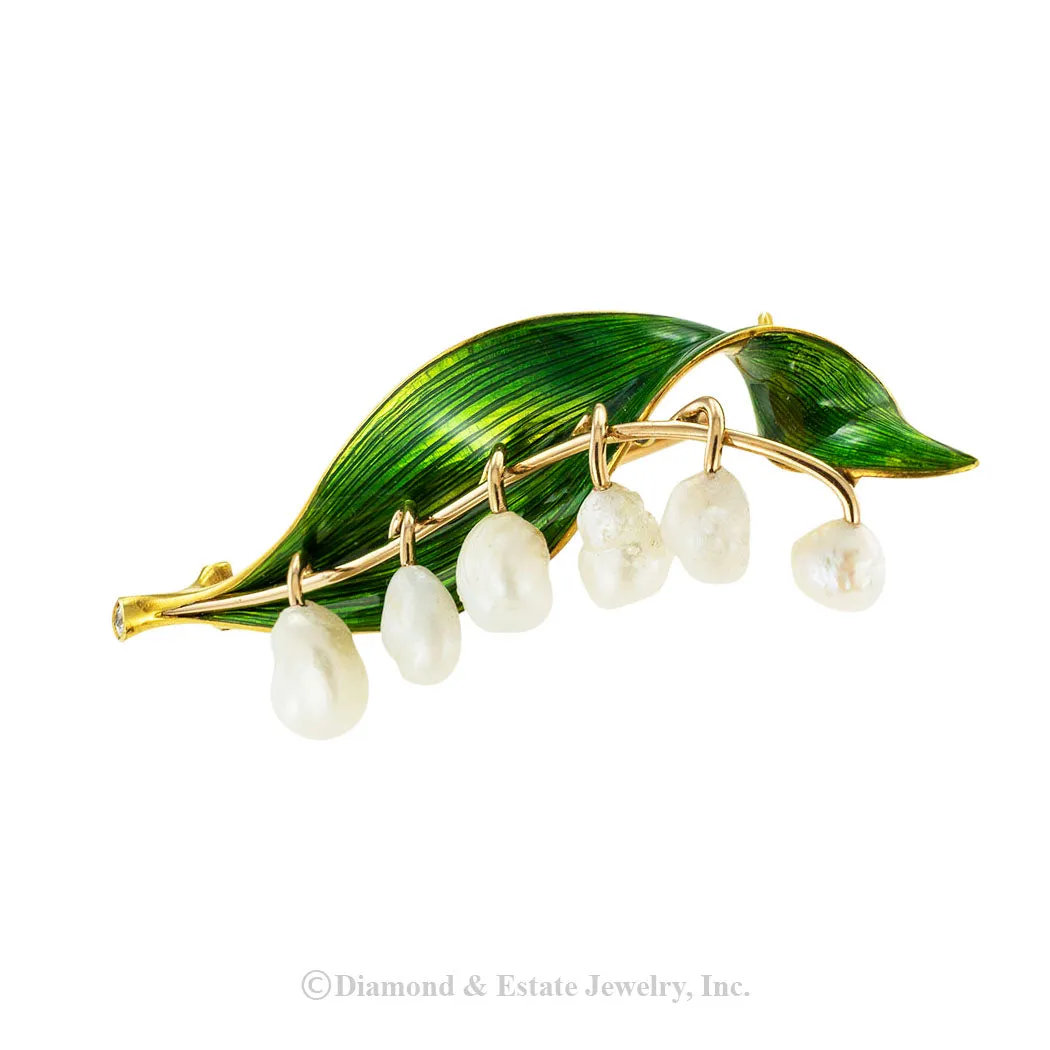 Marcus & Co Lily of The Valley Enamel Gold Pearl Brooch