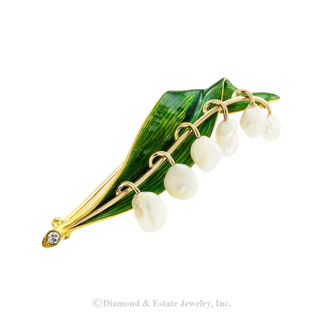 Marcus & Co Lily of The Valley Enamel Gold Pearl Brooch
