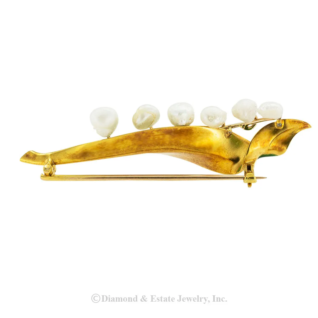 Marcus & Co Lily of The Valley Enamel Gold Pearl Brooch