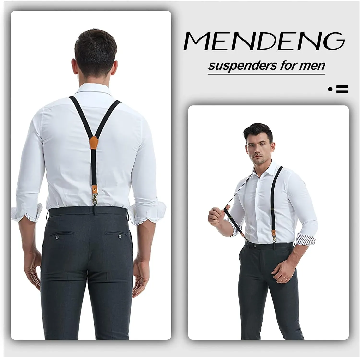 MENDENG Adjustable Suspenders for Men Bronze Metal Clips Braces with Leather