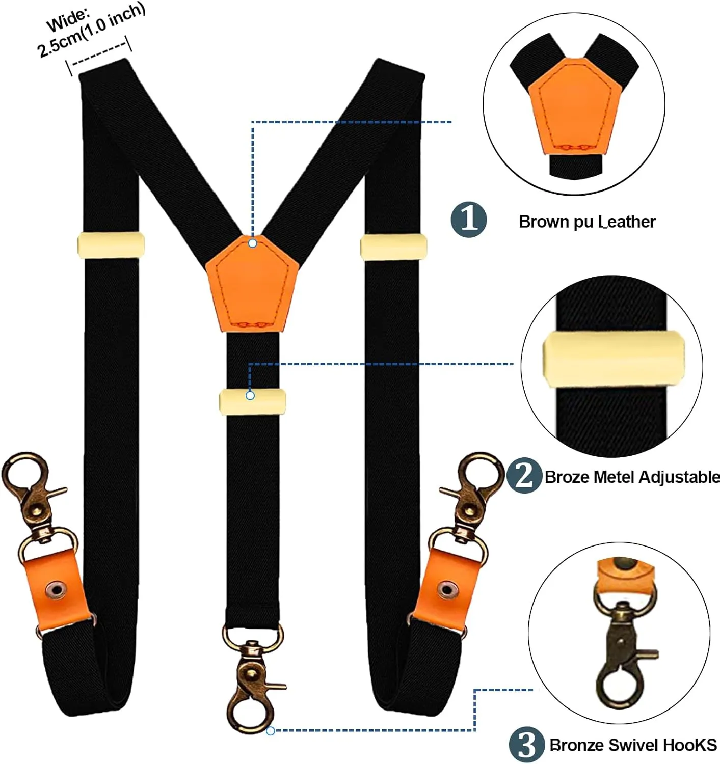 MENDENG Adjustable Suspenders for Men Bronze Metal Clips Braces with Leather