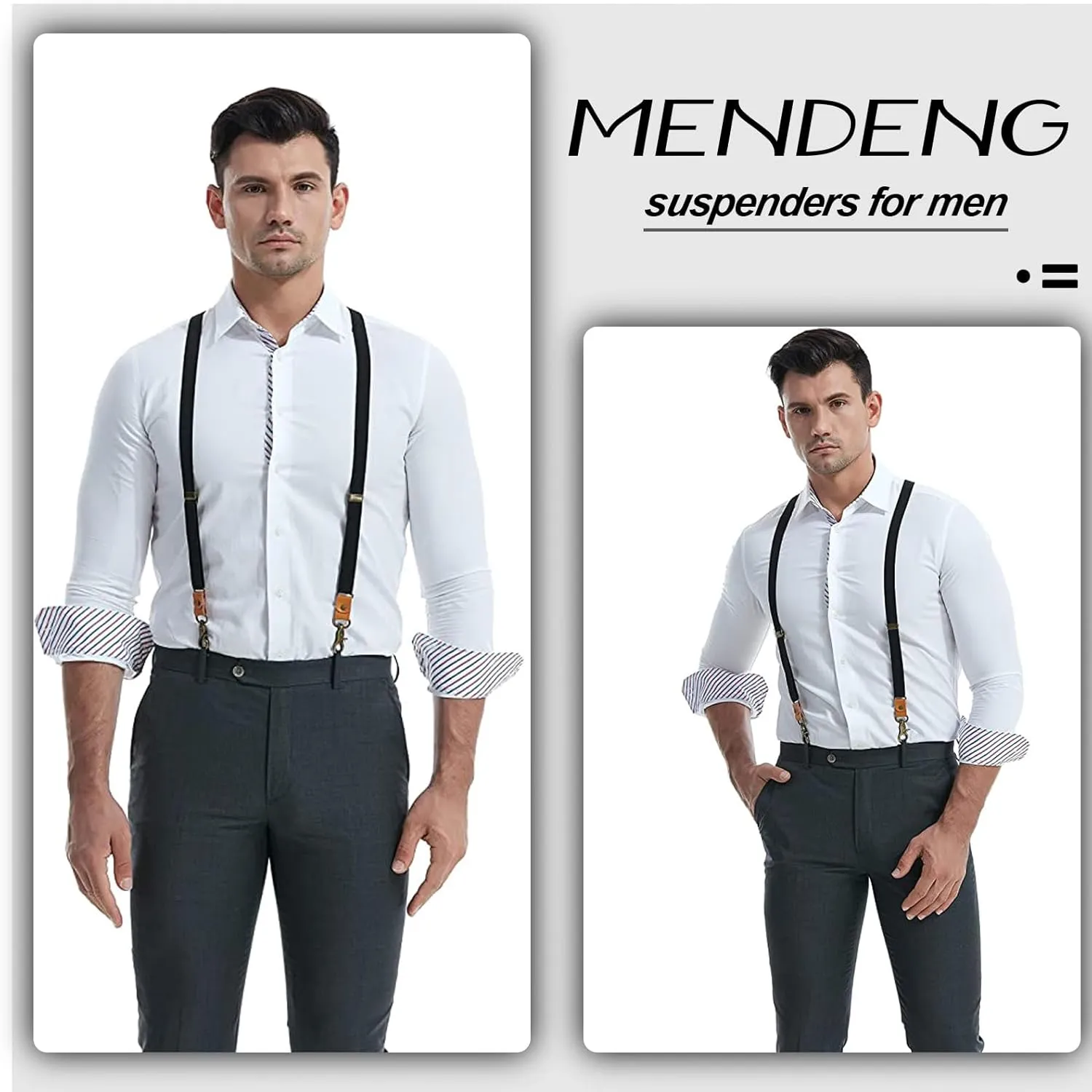 MENDENG Adjustable Suspenders for Men Bronze Metal Clips Braces with Leather