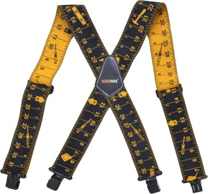 Mens Tape Measure Suspenders, 2 Inch Wide Adjustable Work Suspenders for Tool Belts, Elastic Braces with Heavy Duty Strong Clips, Black
