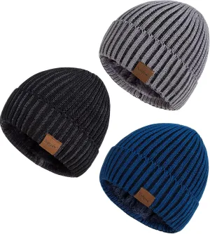 Nertpow Mens Beanie Hats 3 Pack, Winter Hats for Men Women Warm Thermal Fleece Lined, Thick Knit Fashion Skull Cap for Guys