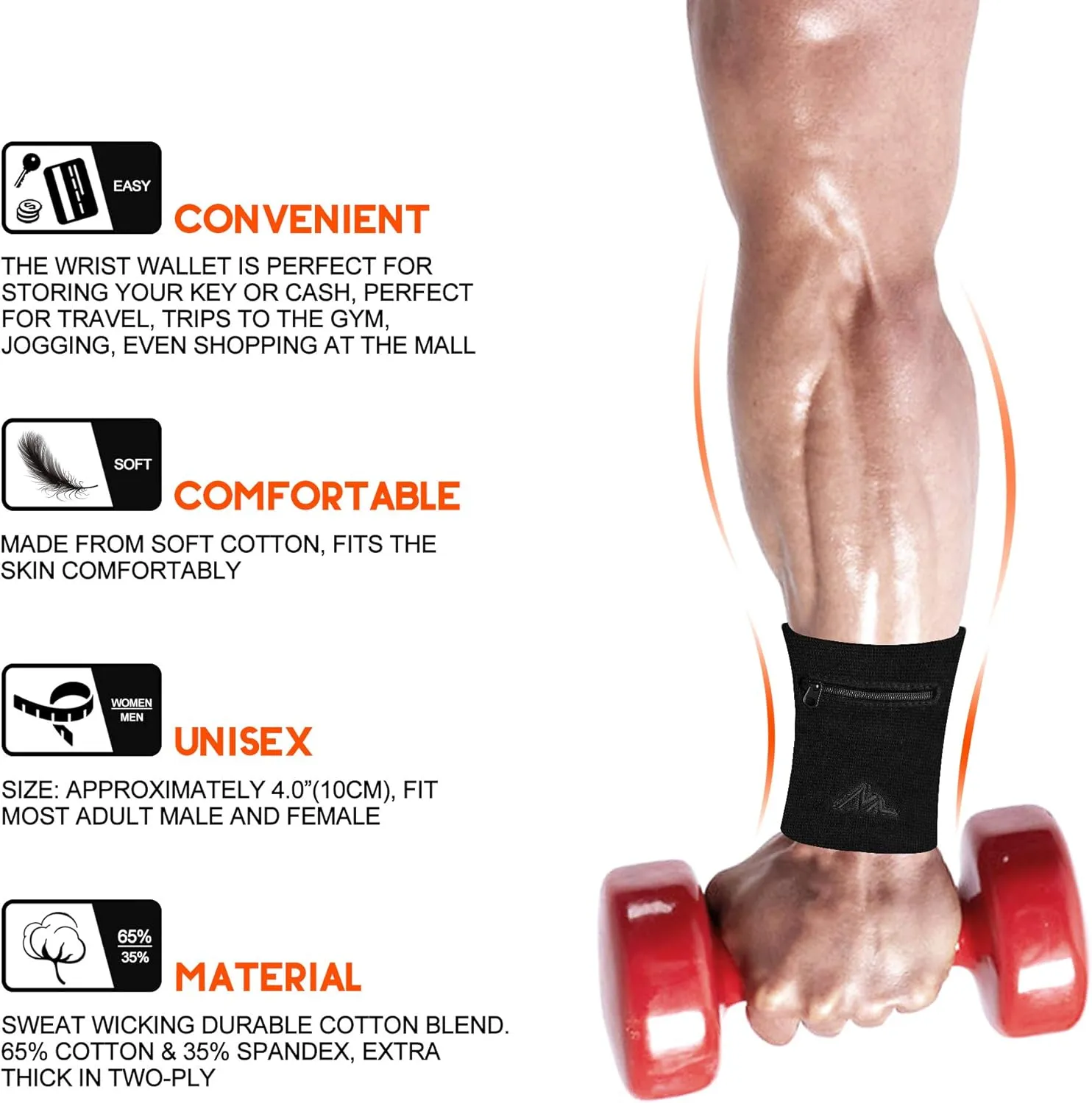NEWZILL Wrist Wallet Wristband with Zipper - Cotton Sweatbands for Men & Women, Ideal for Sport, Running, Walking, Basketball, Football, Tennis, Hiking, Workout, and More