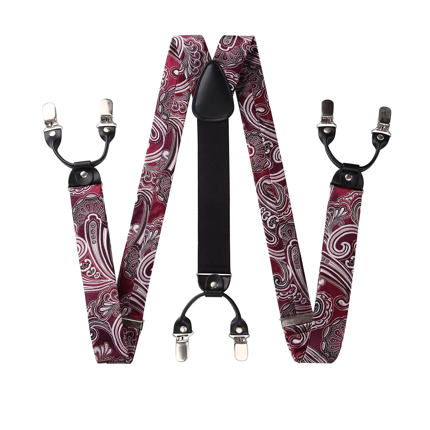 Paisley Floral Suspender Bow Tie Handkerchief - 3-RED/BURGUNDY/SILVER