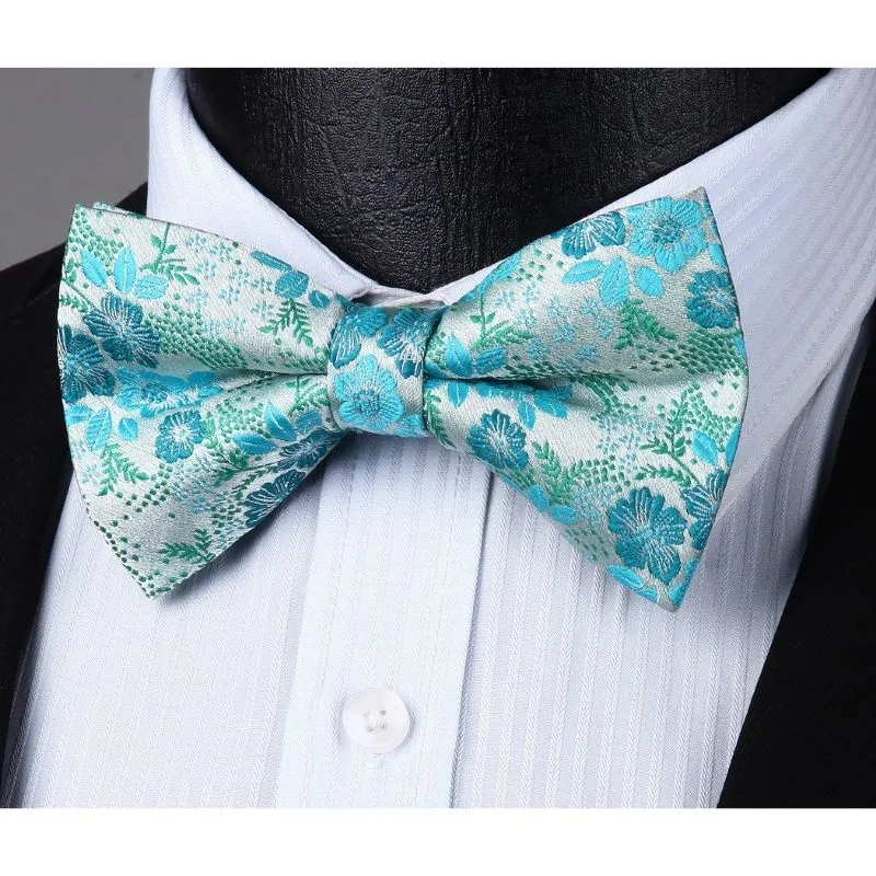 Paisley Floral Suspender Pre-Tied Bow Tie Handkerchief - A6-GREEN/TURQUOISE
