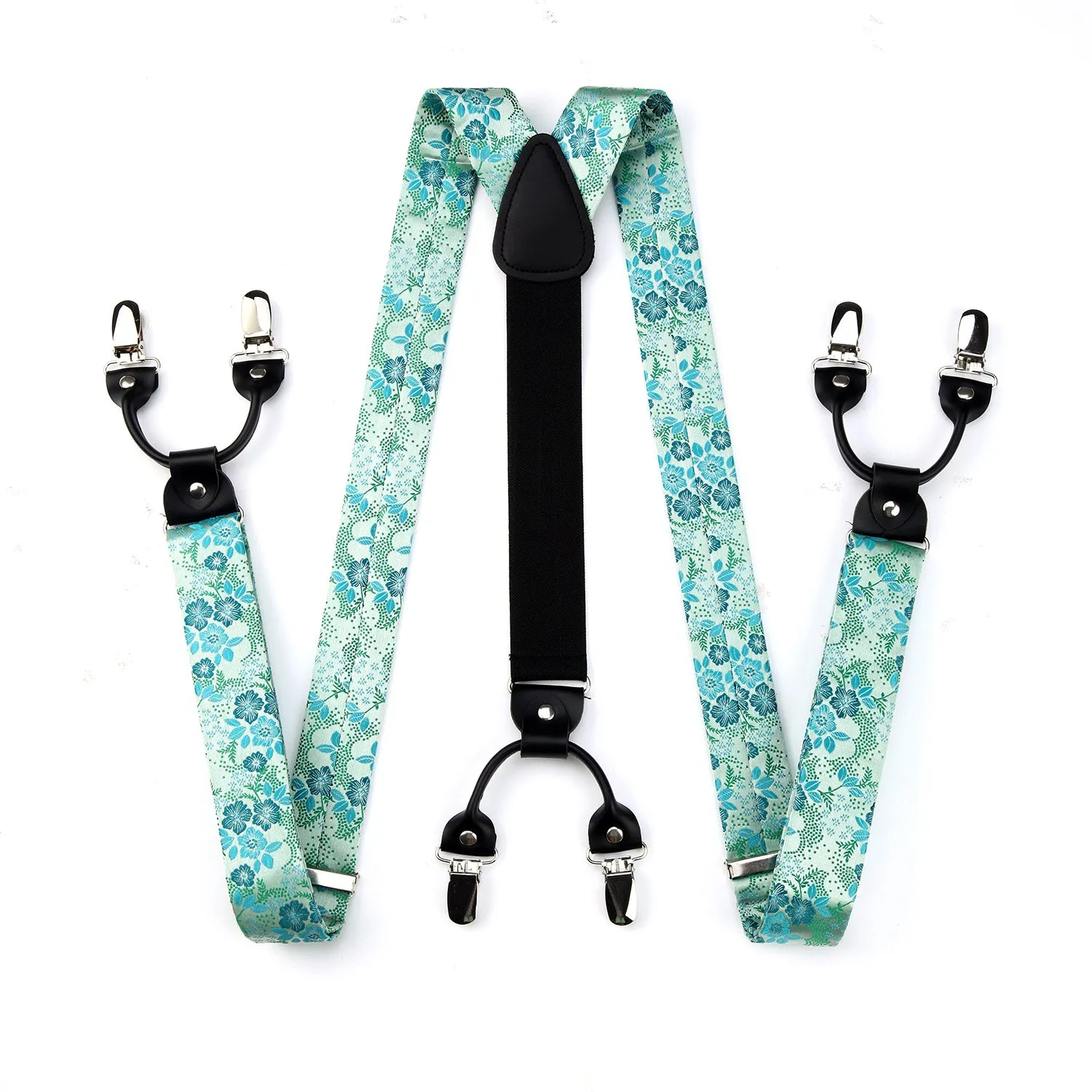 Paisley Floral Suspender Pre-Tied Bow Tie Handkerchief - A6-GREEN/TURQUOISE