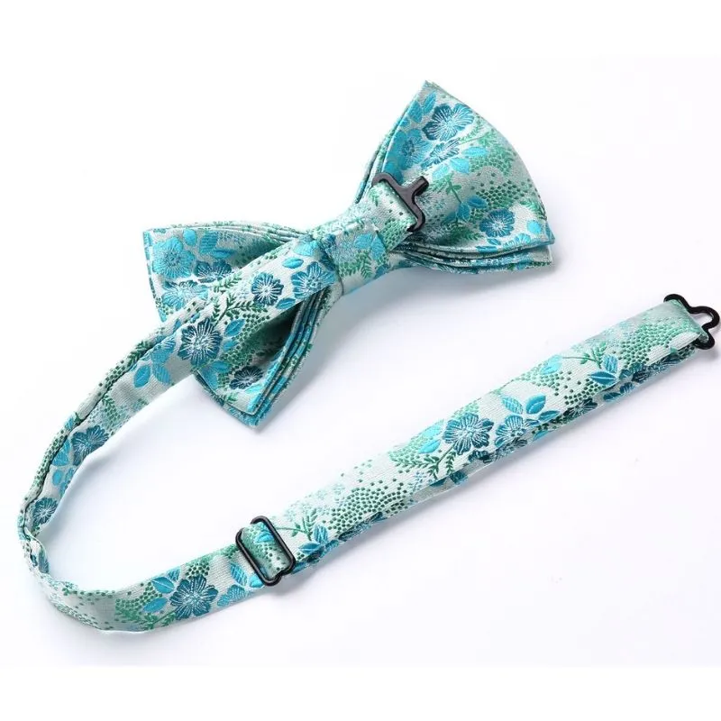 Paisley Floral Suspender Pre-Tied Bow Tie Handkerchief - A6-GREEN/TURQUOISE
