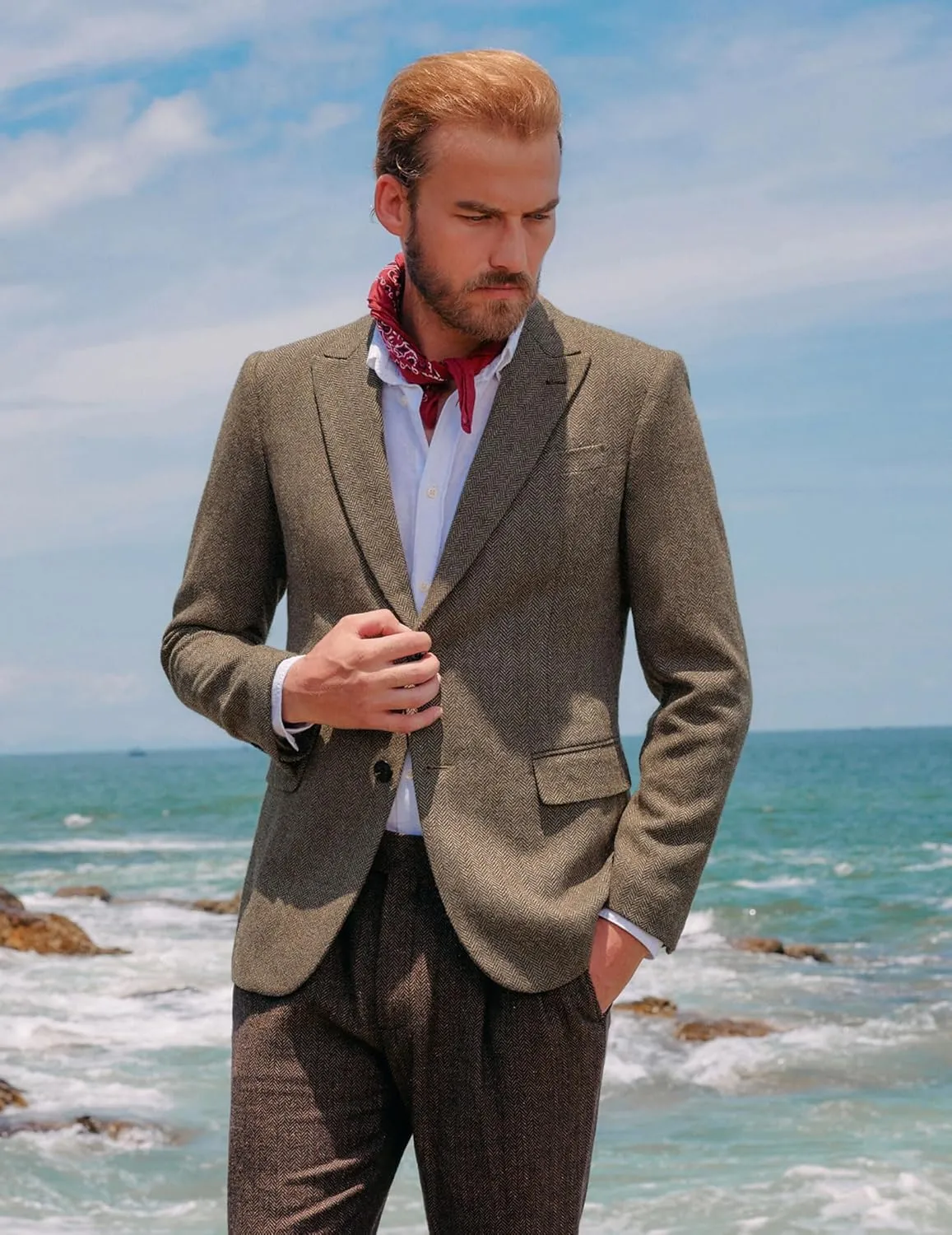 PJ PAUL JONES Men's Vintage Herringbone Tweed Blazers British Wool Blend Sport Coat Jacket