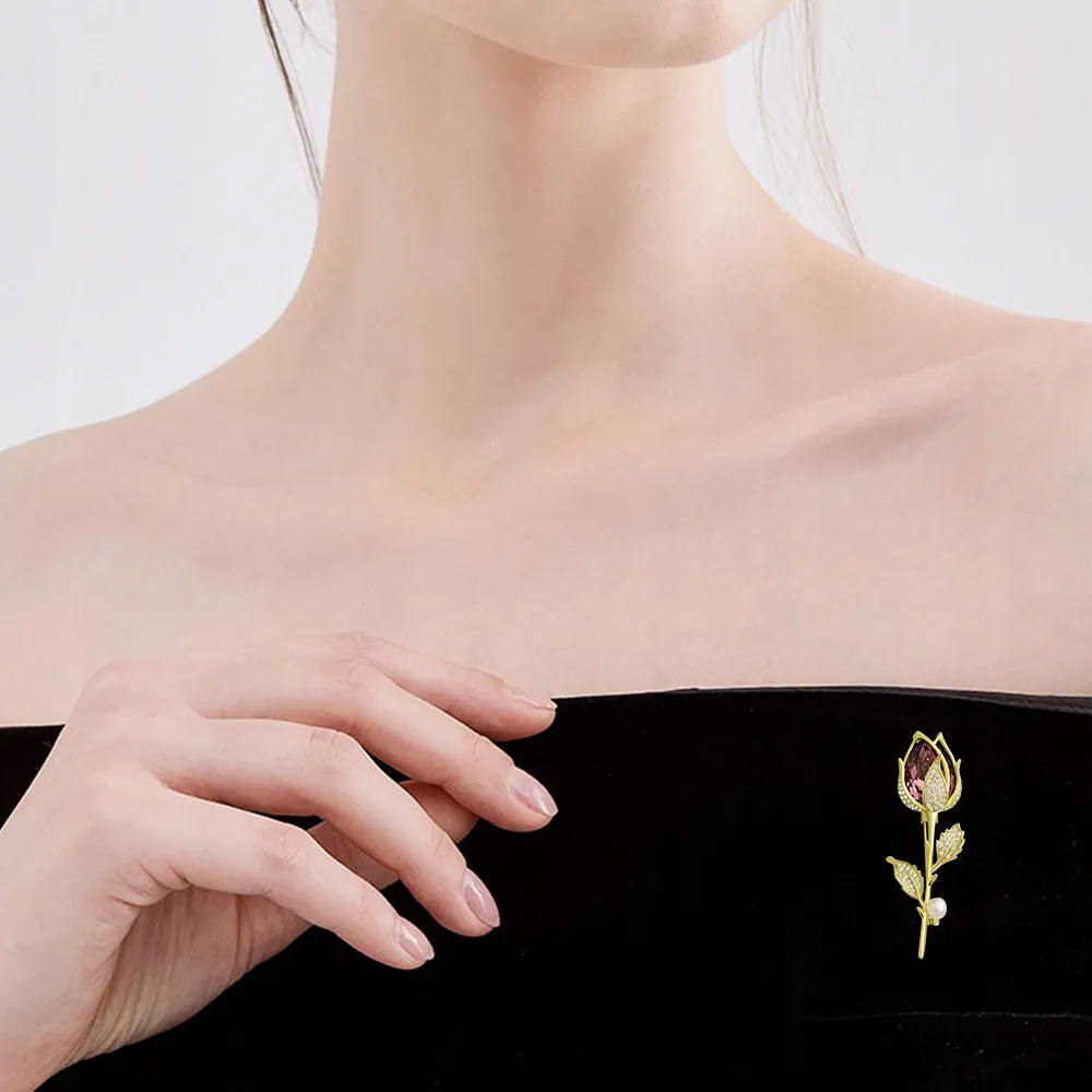 Rose with cubic zirconia and a pearl - 14K gold-plated brooch