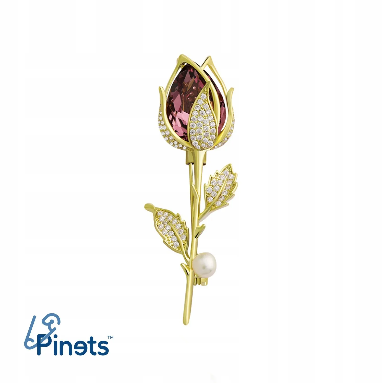 Rose with cubic zirconia and a pearl - 14K gold-plated brooch