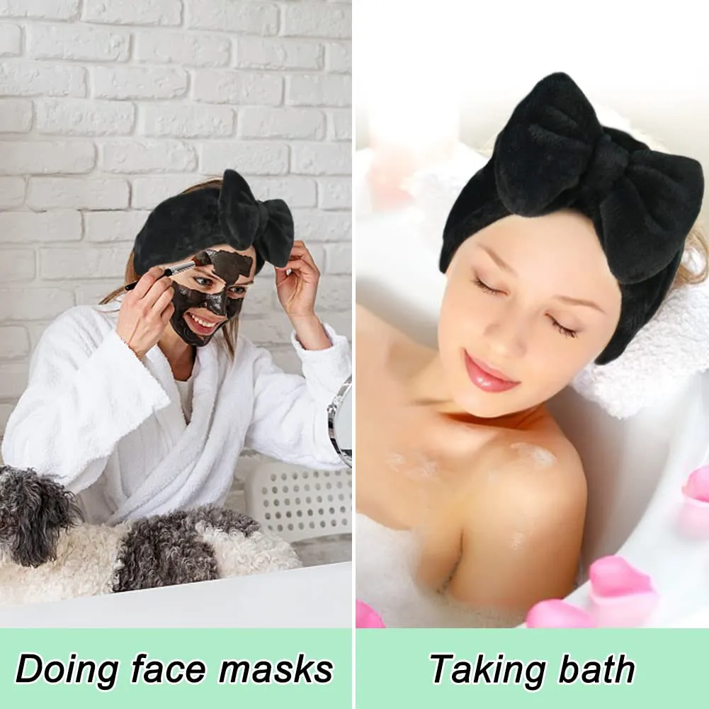 Shintop Spa Headband, Soft Carol Fleece Makeup Headband with Cute Bow Elastic Hairband for Washing Face Skincare Facial Mask ShowersBlack