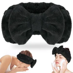 Shintop Spa Headband, Soft Carol Fleece Makeup Headband with Cute Bow Elastic Hairband for Washing Face Skincare Facial Mask ShowersBlack