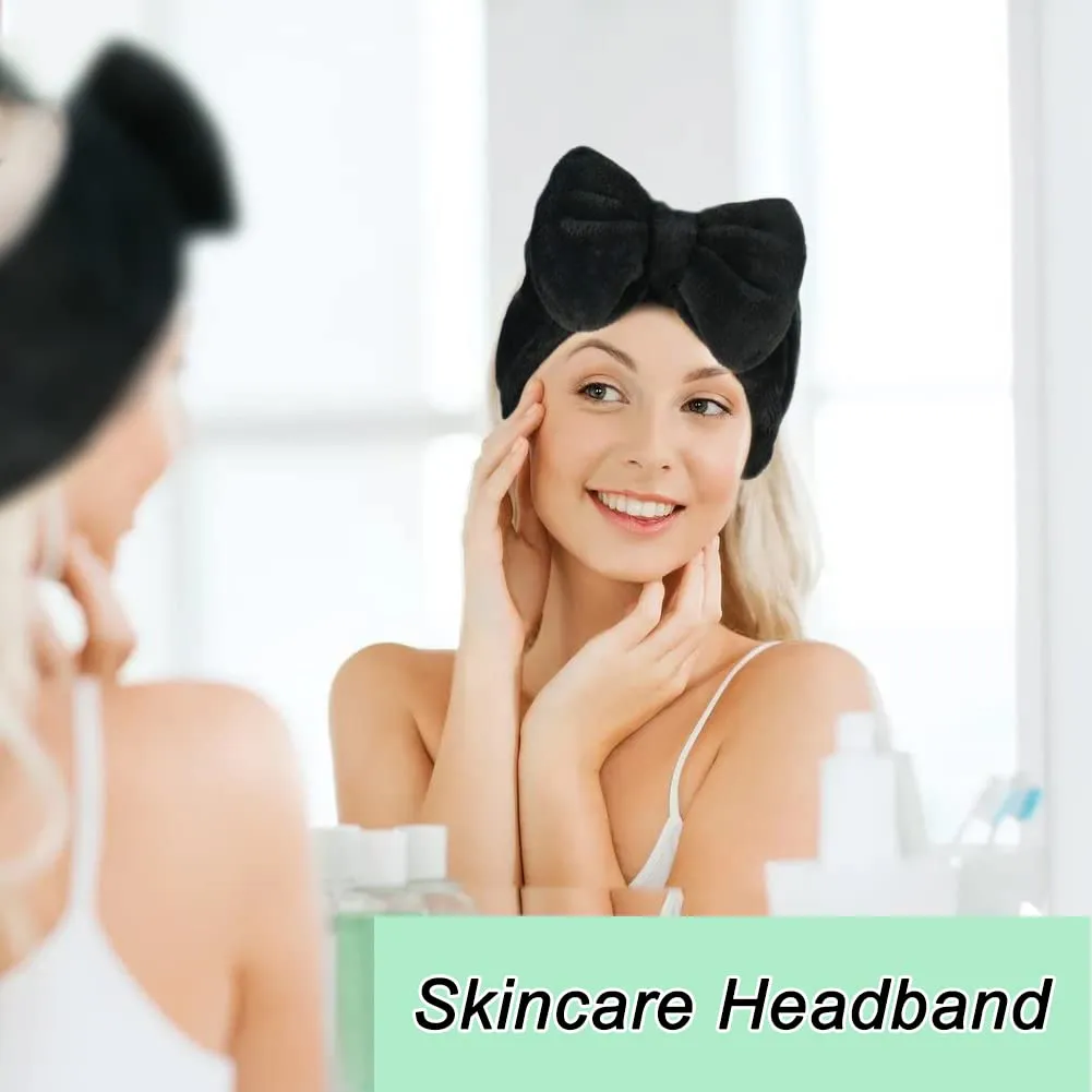 Shintop Spa Headband, Soft Carol Fleece Makeup Headband with Cute Bow Elastic Hairband for Washing Face Skincare Facial Mask ShowersBlack