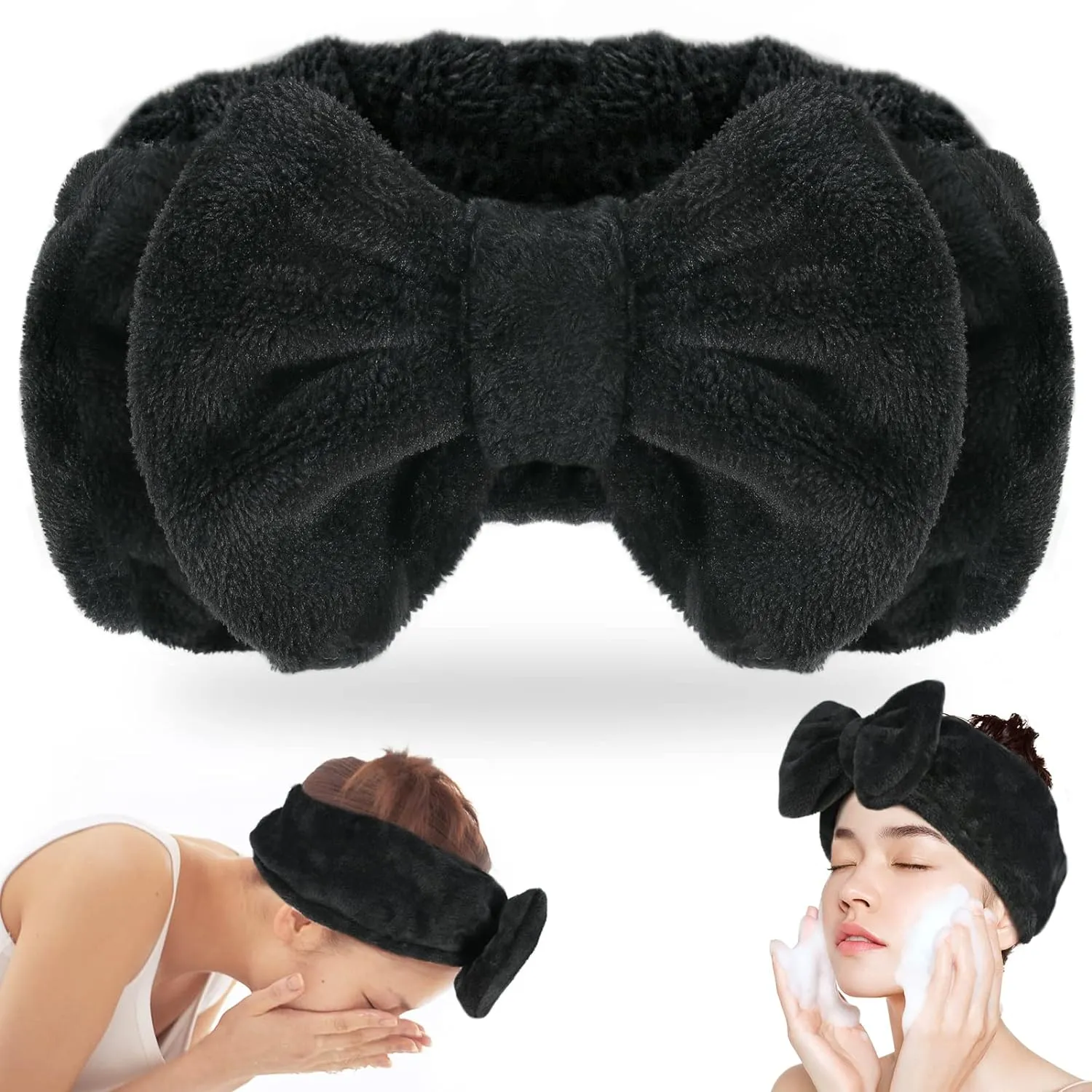 Shintop Spa Headband, Soft Carol Fleece Makeup Headband with Cute Bow Elastic Hairband for Washing Face Skincare Facial Mask ShowersBlack
