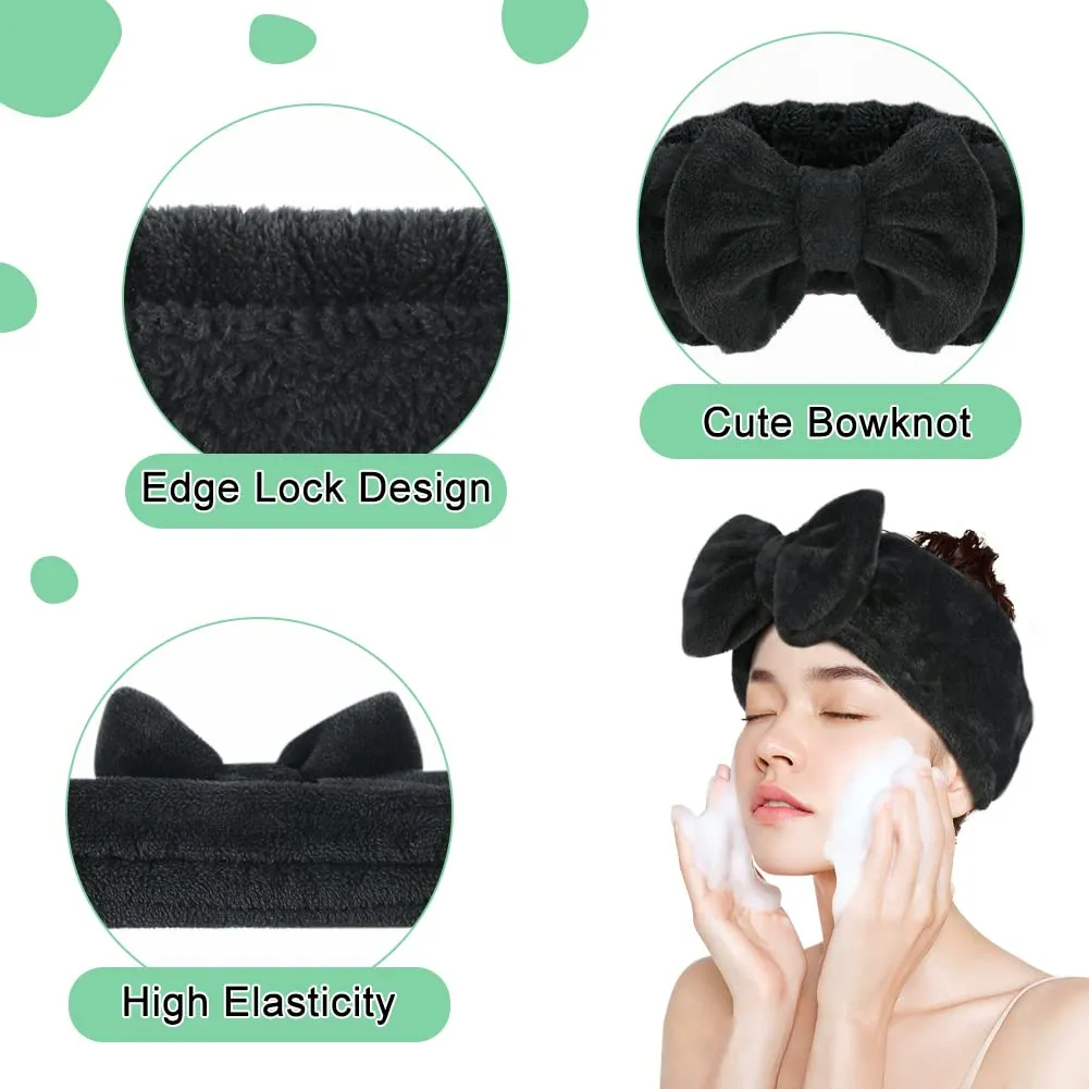 Shintop Spa Headband, Soft Carol Fleece Makeup Headband with Cute Bow Elastic Hairband for Washing Face Skincare Facial Mask ShowersBlack