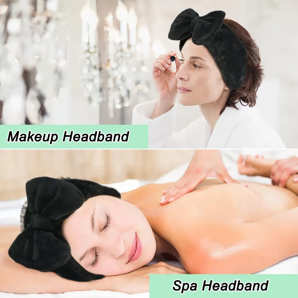 Shintop Spa Headband, Soft Carol Fleece Makeup Headband with Cute Bow Elastic Hairband for Washing Face Skincare Facial Mask ShowersBlack
