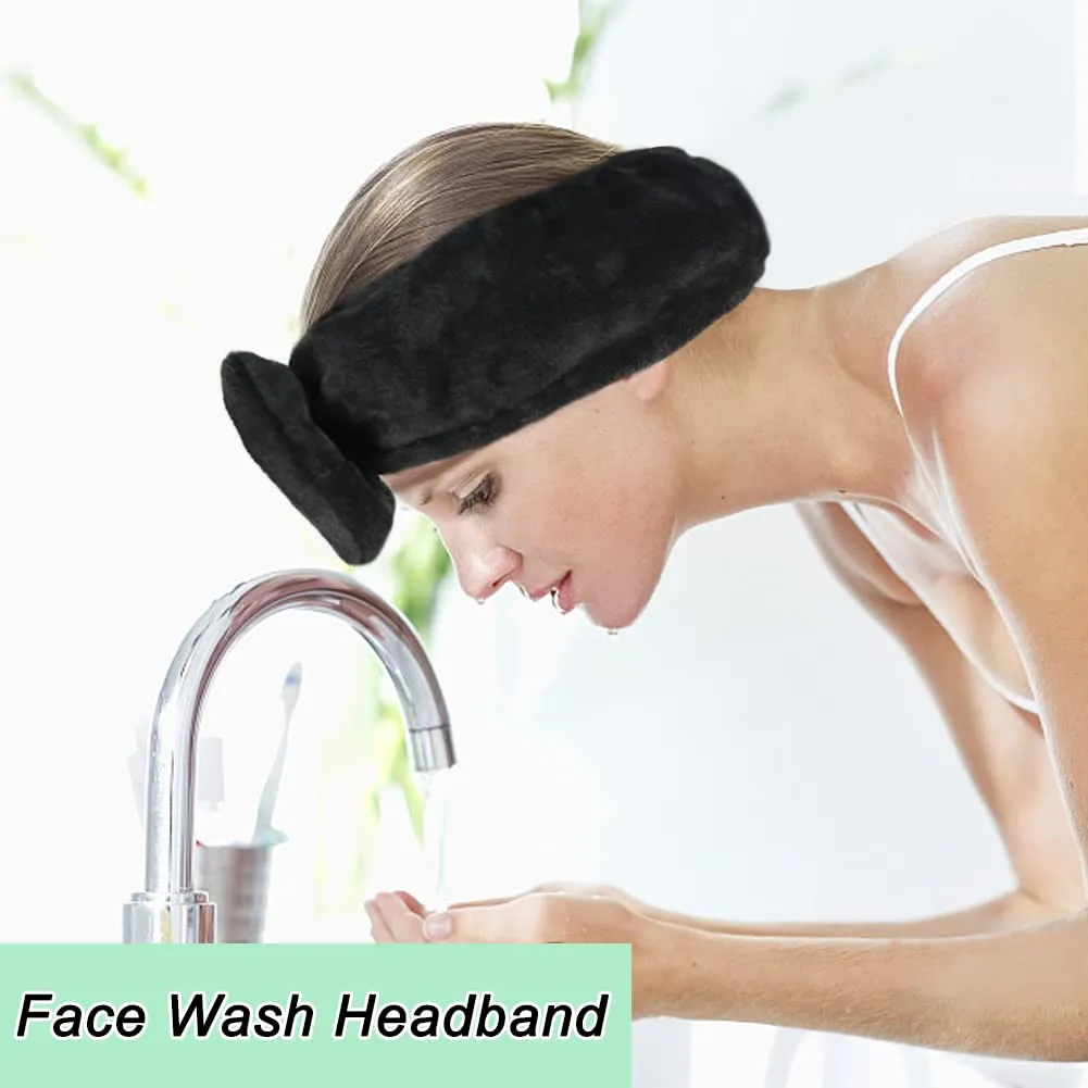 Shintop Spa Headband, Soft Carol Fleece Makeup Headband with Cute Bow Elastic Hairband for Washing Face Skincare Facial Mask ShowersBlack