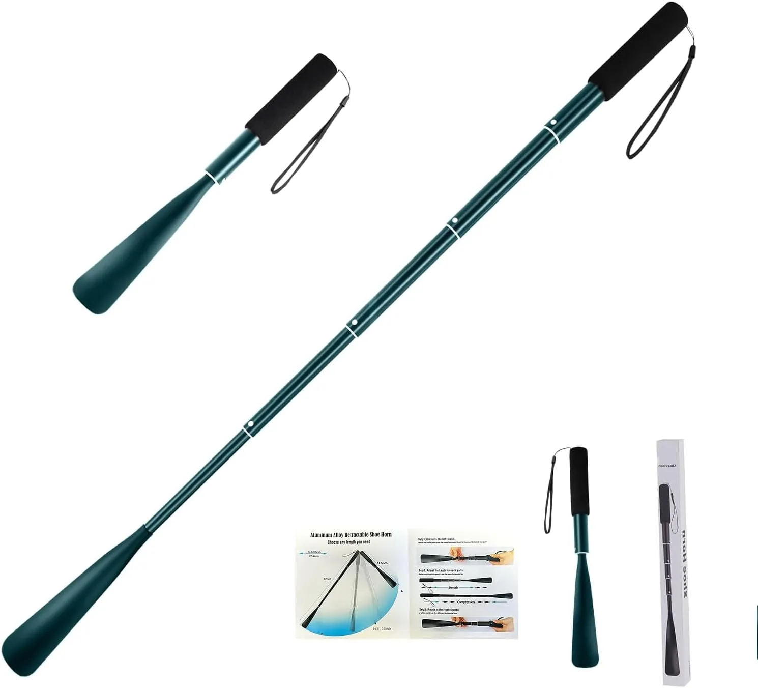 Shoe Horn,14.5"-37" Retractable Aluminum Shoe Horn Long Handle for Seniors,Men,Women and Kids