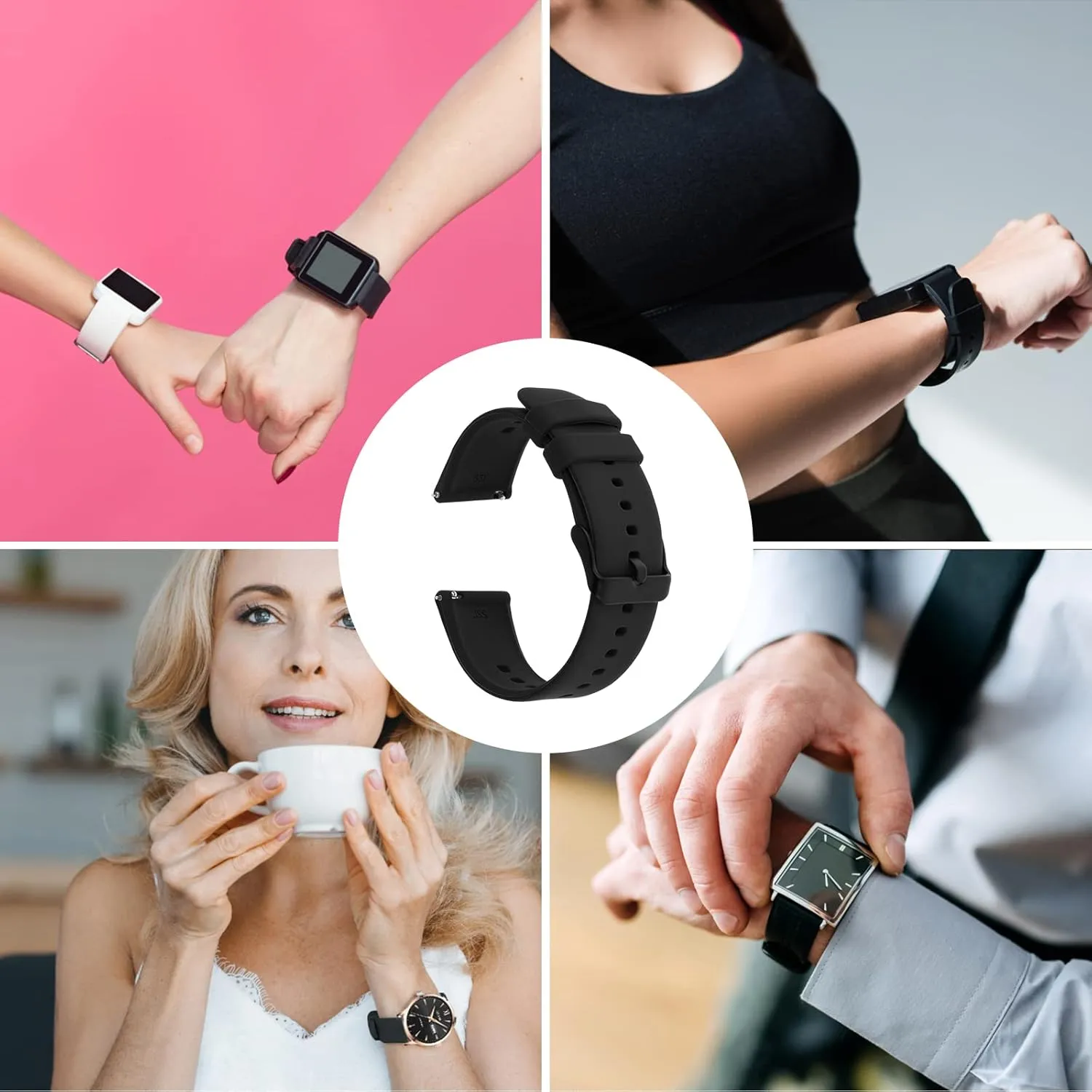 Silicone Watch Bands, Quick Release Waterproof Soft Rubber Replacement Straps with Silver Plated Stainless Steel Buckle Compatible with Smart Watch Sport Watch for Men Women