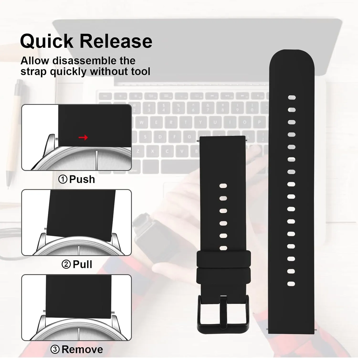 Silicone Watch Bands, Quick Release Waterproof Soft Rubber Replacement Straps with Silver Plated Stainless Steel Buckle Compatible with Smart Watch Sport Watch for Men Women