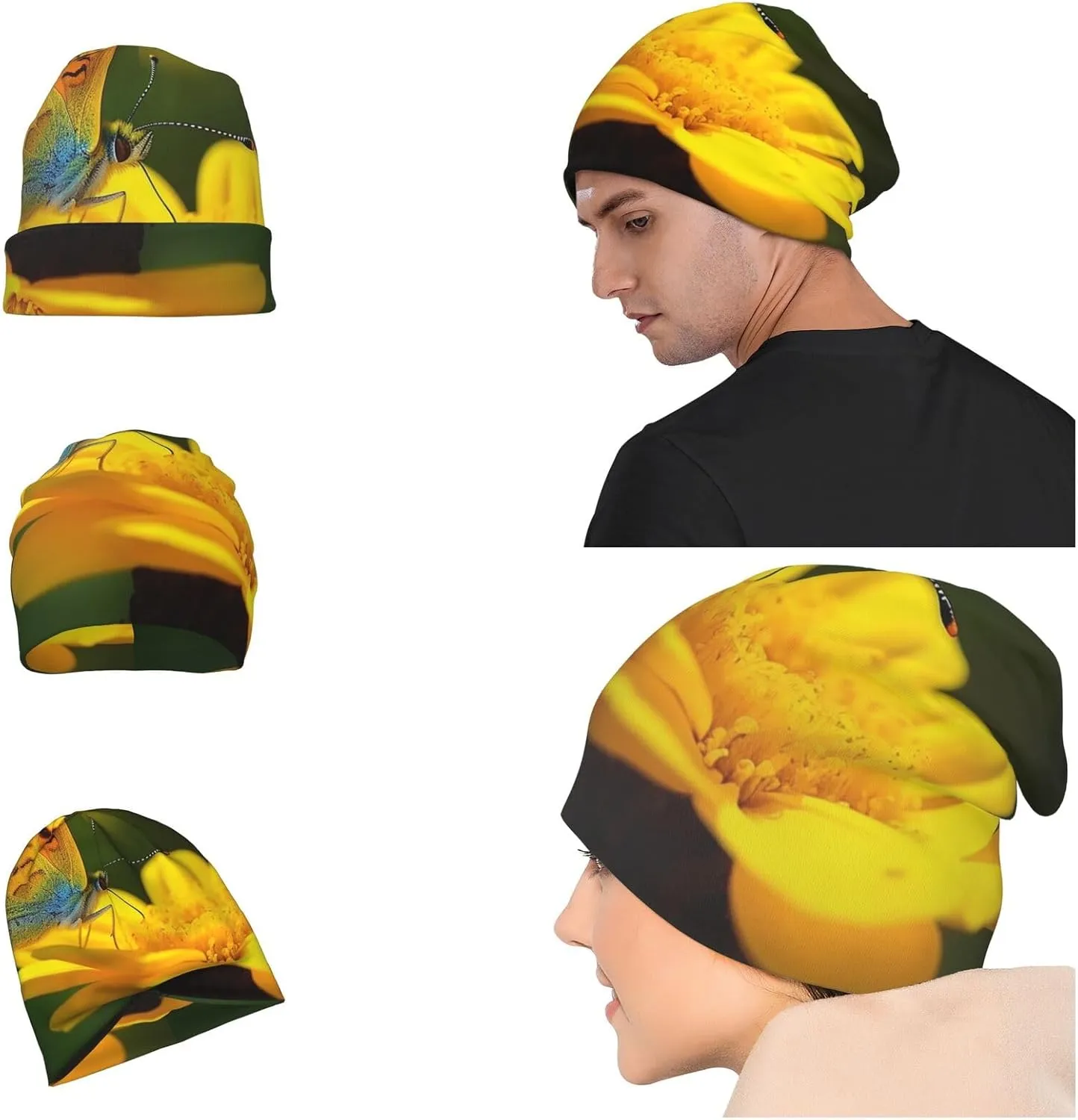 Slouchy Beanie Hat Casual Fashionable Hat Skull Cap Yellow Butterfly Flower Knit Hat for Women Man
