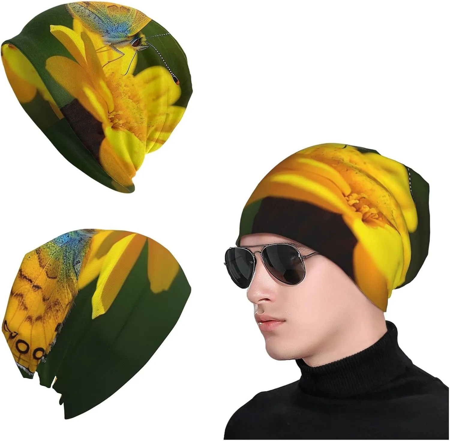 Slouchy Beanie Hat Casual Fashionable Hat Skull Cap Yellow Butterfly Flower Knit Hat for Women Man